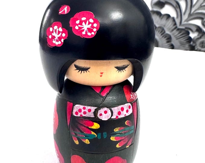 Vintage Kokeshi Wooden Doll, Green Kimono with Red Flowers