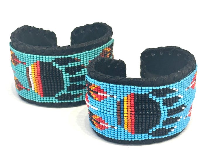 Unisex Leather Beaded Wide Cuff Bracelet / Bead Work, Paw Design