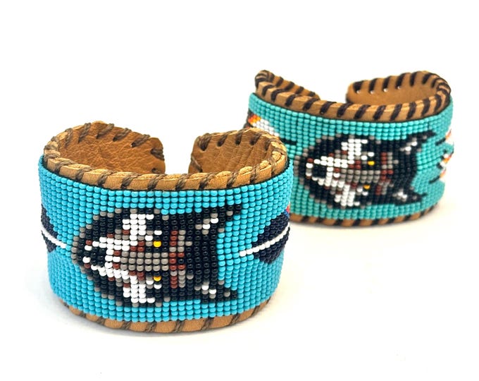 Unisex Leather Beaded Wide Cuff Bracelet / Bead Work, Fox Design