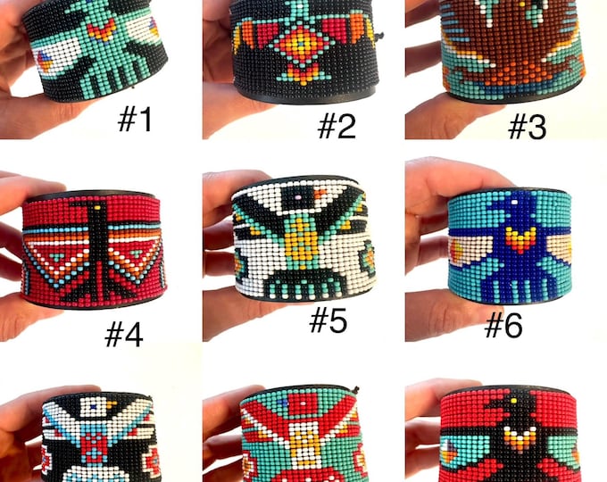Unisex Leather Beaded Wide Cuff Bracelet With Adjustable Strap/ Bead Work Design
