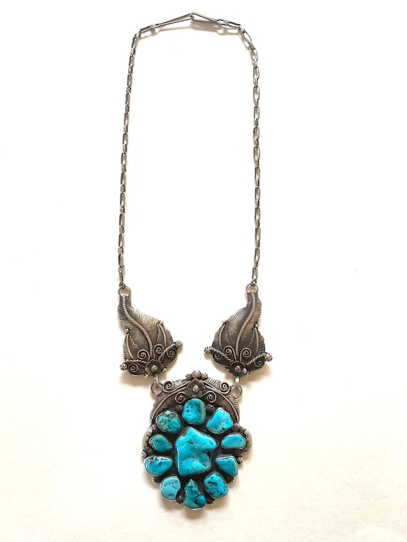 Vintage Huge Navajo Sterling Silver Turquoise Squash Blossom Necklace (N002)
