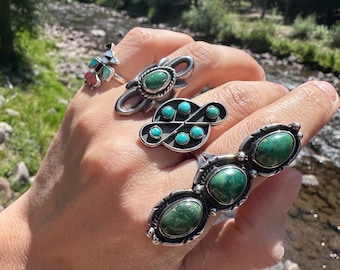 Sz 7.25 Long Sterling Silver & Turquoise Native American  Ring