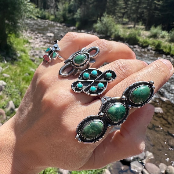 Sz 7.25 Long Sterling Silver & Turquoise Native American  Ring