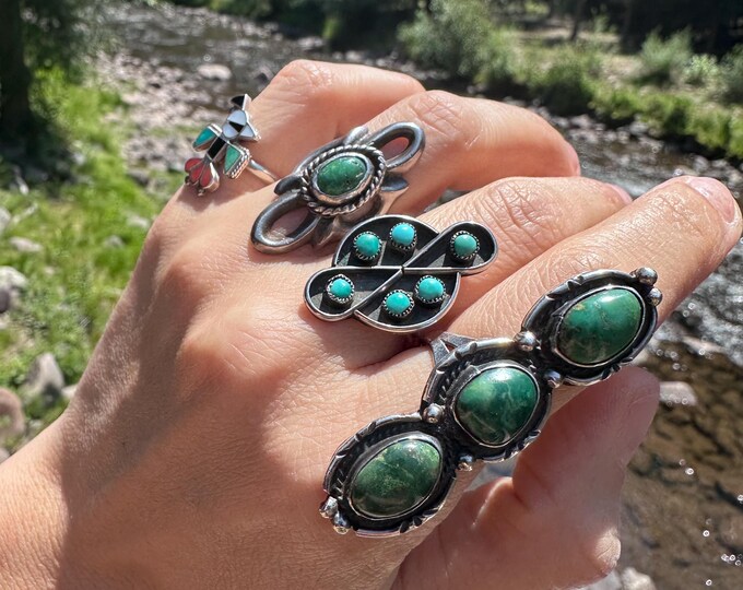 Sz 7.25 Long Sterling Silver & Turquoise Native American  Ring