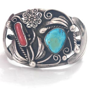Vintage Navajo Sterling Silber Türkis & Koralle Armreif von AJ B021
