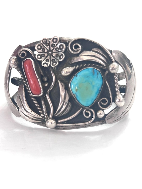 Vintage Navajo Sterling Silver Turquoise & Coral Cuff Bracelet by AJ B021