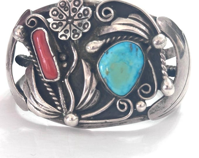 Vintage Navajo Sterling Silver Turquoise & Coral Cuff Bracelet by AJ B021