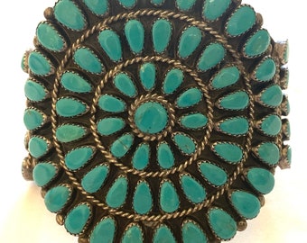 Vintage Native American Sterling Silver & Turquoise Cluster Bracelet Cuff Signed JJP B018