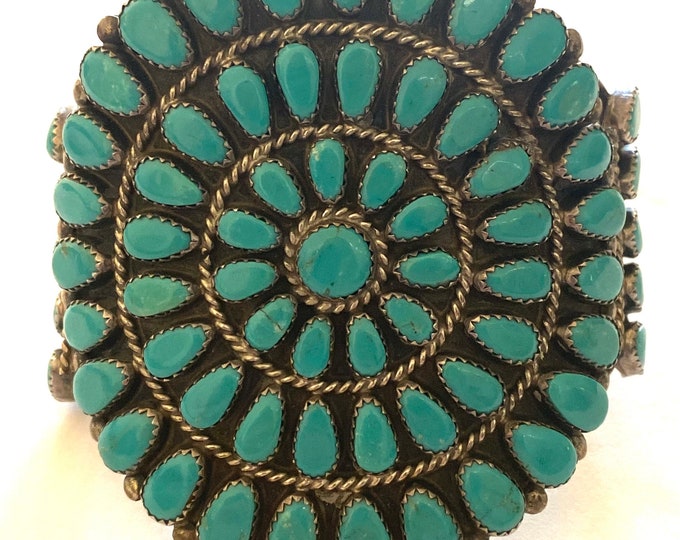 Vintage Native American Sterling Silver & Turquoise Cluster Bracelet Cuff Signed JJP B018