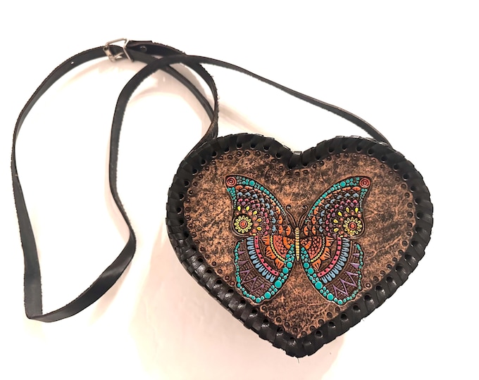 Vintage Mexican Tooled Heart Leather Crossbody Bag/ Adjustable Strap