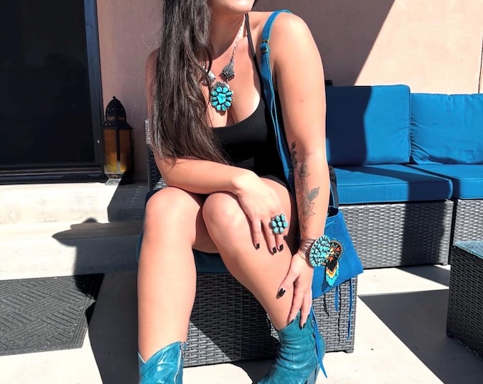 Vintage Huge Navajo Sterling Silver Turquoise Squash Blossom Necklace (N002)