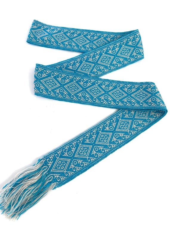 Turquoise Woven Dance Ceremonial Sash Belt 2 1/4 x 82 Inches