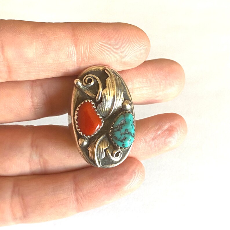 Sz 9.75 Vintage Navajo Ring Turquoise Coral Southwest Sterling Silver ...