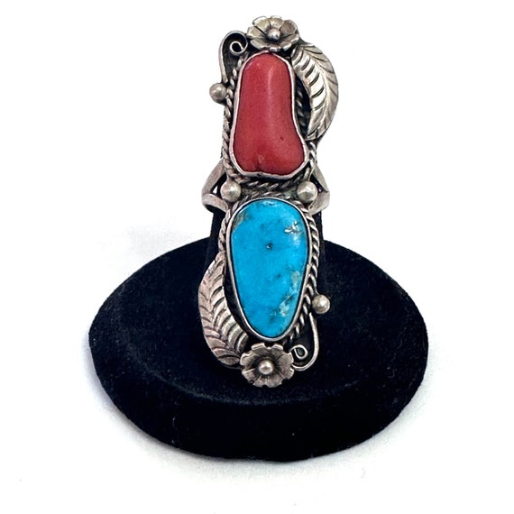 Size 6.75, Vintage Navajo Sterling Silver Turquoise & Coral Ring By Helen Slim (A049)