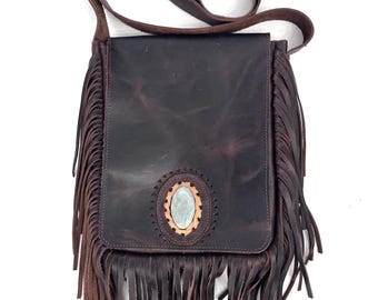 Handmade Fringed Leather Crossbody Bag with Jade