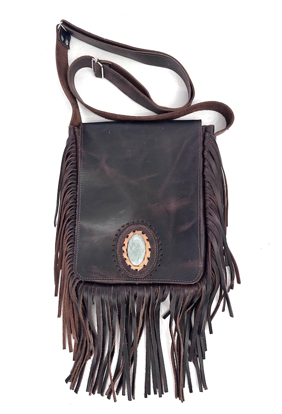 Handmade Fringed Leather Bag with Jade, Boho Bag, Crossbody Leather Bag, Gypsy Festival Bag.