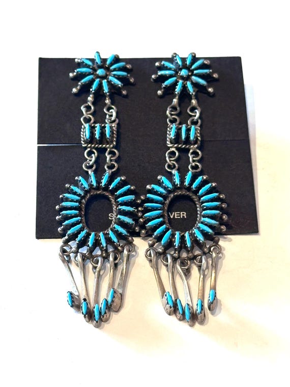 Vintage Zuni Needle Point Turquoise Chandelier Sterling Silver Dangle Earrings 3.5'' (E013)