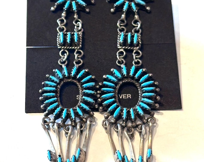 Vintage Zuni Needle Point Turquoise Chandelier Sterling Silver Dangle Earrings 3.5'' (E013)