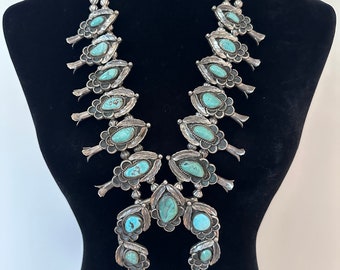 Vintage Native American  Navajo Indian Sterling Silver & High Grade Turquoise Squash Blossom Necklace 335 Grams (N018)