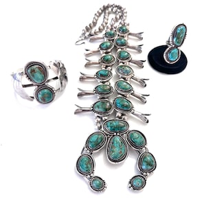 Outstanding Vintage Navajo Sterling Silver Natural Nevada Turquoise Squash Blossom Necklace, Cuff, and Ring Set (N029)