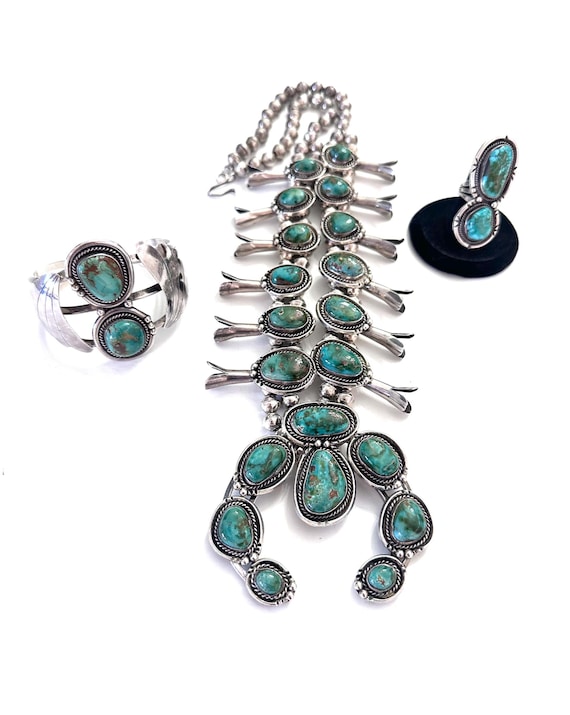 Outstanding Vintage Navajo Sterling Silver Natural Nevada Turquoise Squash Blossom Necklace, Cuff, and Ring Set (N029)