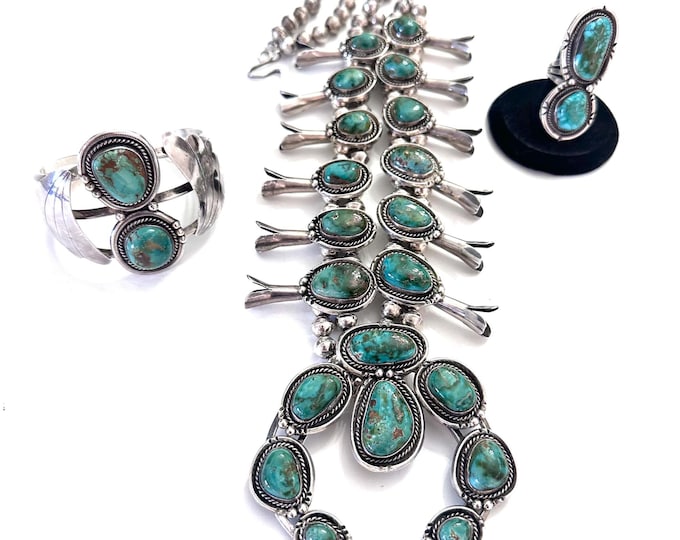 Outstanding Vintage Navajo Sterling Silver Natural Nevada Turquoise Squash Blossom Necklace, Cuff, and Ring Set (N029)