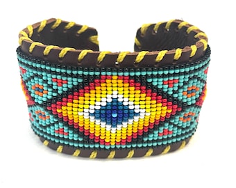 Unisex Leather Beaded Wide Cuff Bracelet /Bead Work Design