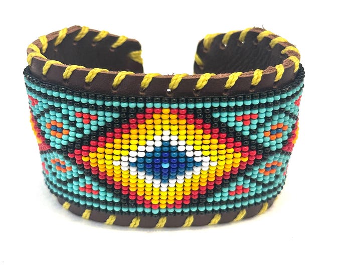Unisex Leather Beaded Wide Cuff Bracelet /Bead Work Design