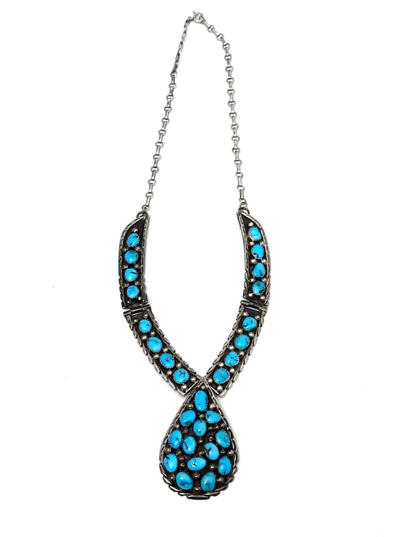 Vintage Navajo Turquoise Cluster Sterling Silver Necklace, Turquoise Teardrop Center Necklace, 71 Grams
