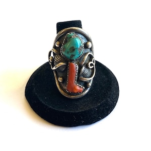 Size 8.5 Old Pawn Navajo 2 Stone Natural  Coral & Turquoise Sterling Men&#39;s Ring A031