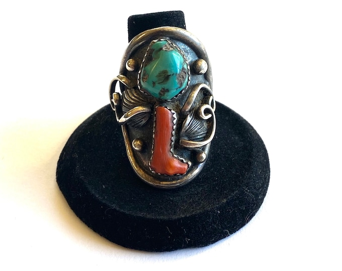 Size 8.5 Old Pawn Navajo 2 Stone Natural  Coral & Turquoise Sterling Men's Ring A031