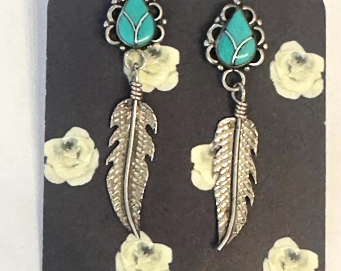 VTG Zuni Sterling Silver Turquoise Inlay Dangle Post Earrings