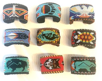 Unisex Leather Beaded Wide Cuff Bracelet / Bead Work Design