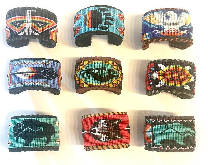 Unisex Leather Beaded Wide Cuff Bracelet / Bead Work Design