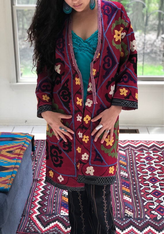 Uzbek Vintage Fully Embroidered Kimono Coat Size M