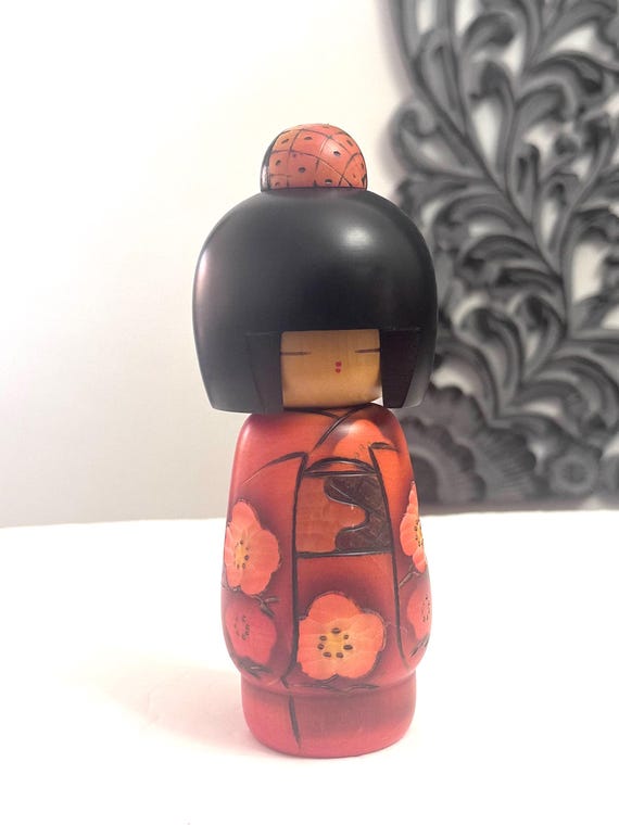 8 '' Kazuo Takamizawa Japanese Kokeshi Wooden Doll, Camellia Kimono