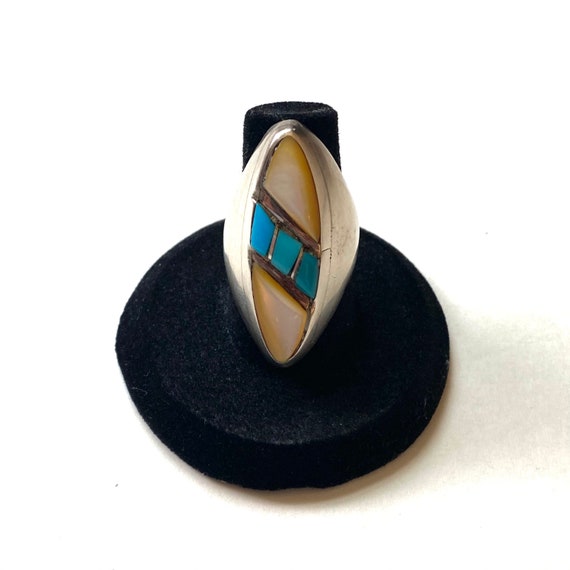 Sz 7 Vintage Native American Sterling Silver Turquoise and Mother of Pearl Inlay Ring #A008