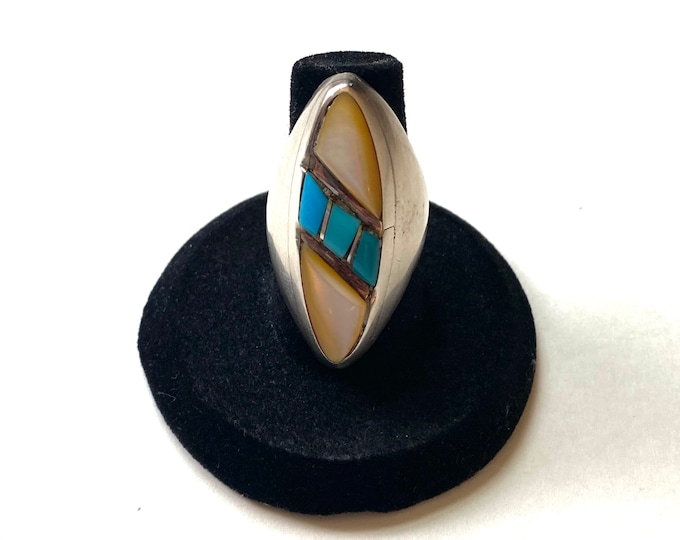 Vintage Native American Sterling Silver Turquoise Mother of Pearl Inlay Ring, Size 7