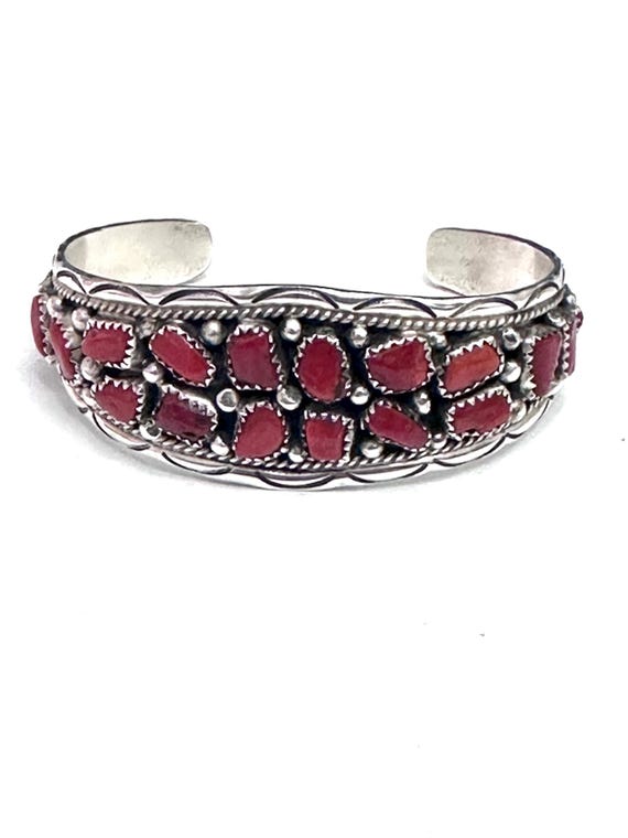 Vintage Old Pawn Sterling Silver and Mediterranean Coral Cuff, Navajo Bracelet, Sterling Coral Cuff/ Coral Row Bracelet