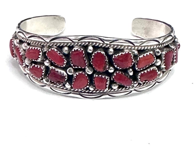 Vintage Old Pawn Sterling Silver and Mediterranean Coral Cuff,  Navajo Bracelet, Sterling Coral Cuff/  Coral Row Bracelet