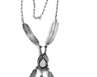 Vintage Navajo Sterling Silver & Mother of Pearl Feather Necklace, By S. A. ARVISO (N010)