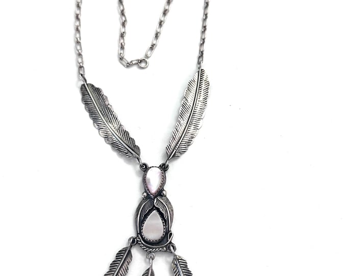 Vintage Navajo Sterling Silver & Mother of Pearl Feather Necklace, By S. A. ARVISO (N010)