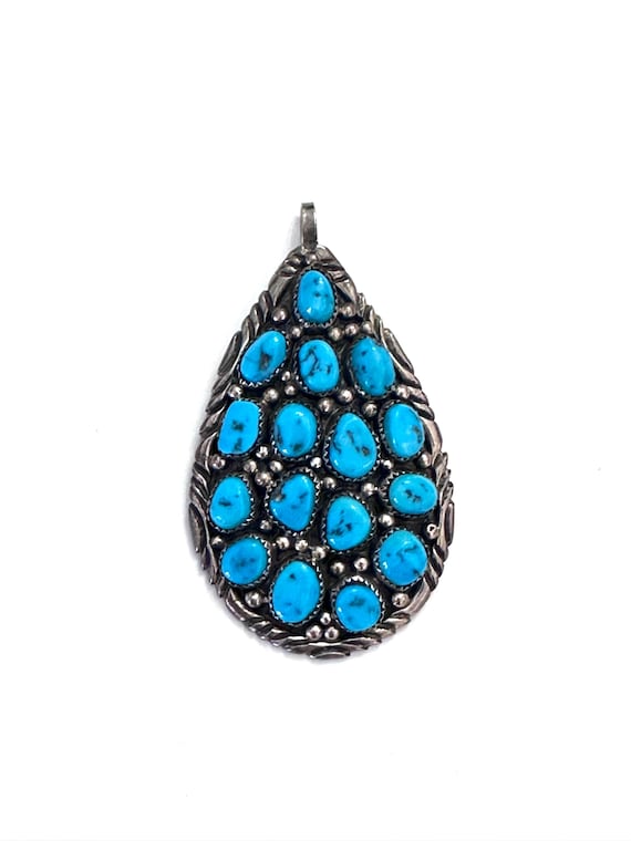 Vintage Navajo Turquoise Cluster Sterling Silver Pendant, Huge Turquoise Teardrop Pendant, 32 Grams