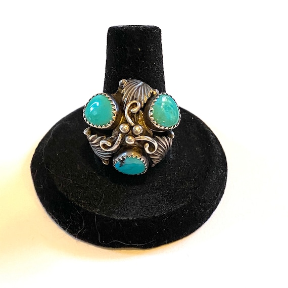 Size 8, Vintage Native American Turquoise & Sterling Silver Ring, Signed MR, A096