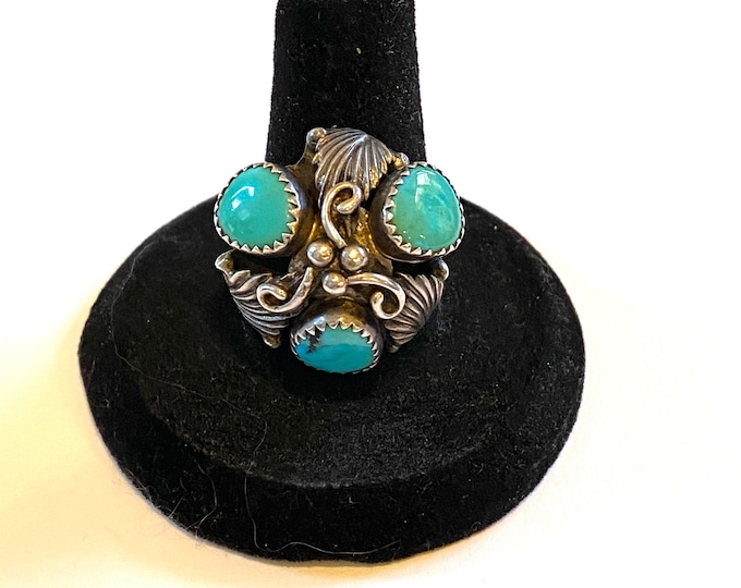 Size 8, Vintage Native American Turquoise & Sterling Silver Dome-Shaped Ring, Signed MR, A096
