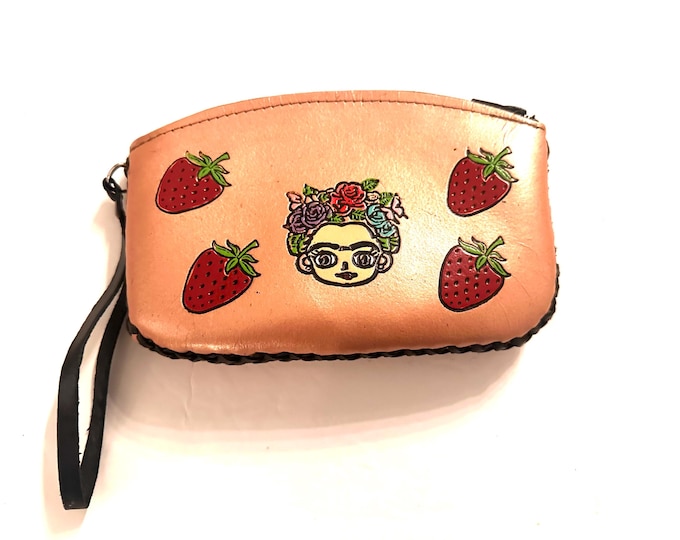 Tooled Leather Beauty Bag, Leather Beauty Pouch, Leather Wristlet