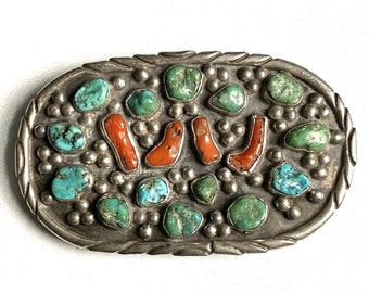 Vintage Navajo “CRB” Sterling Silver Turquoise & Coral Belt Buckle – 84 grams