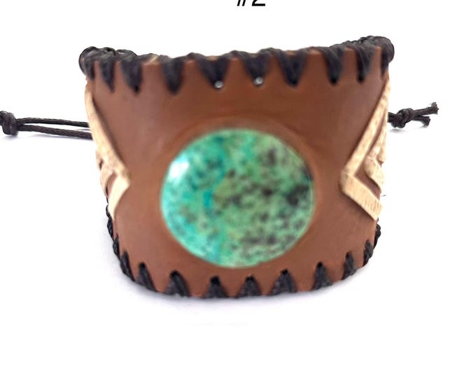 Adjustable Genuine Leather & Chrysocolla Stone Cuff Bracelet, Unisex