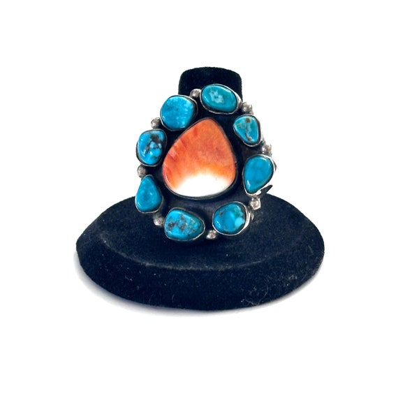 Native American Navajo Carico Lake Turquoise & Spiny Oyster Ring Size 7.5 (A024)
