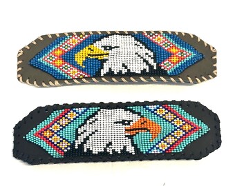 Unisex Leather Beaded Wide Cuff Bracelet /Eagle Bead Work Design
